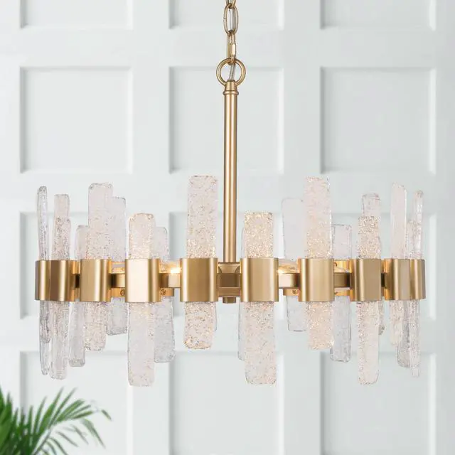 Main image of Gold Chandelier, Modern 6-Light Drum Chandelier Light Fixtures with 22 Luxurious Textured Glass Strips for Dining Room, Kitchen, Foyer, Bedroom and Living Room