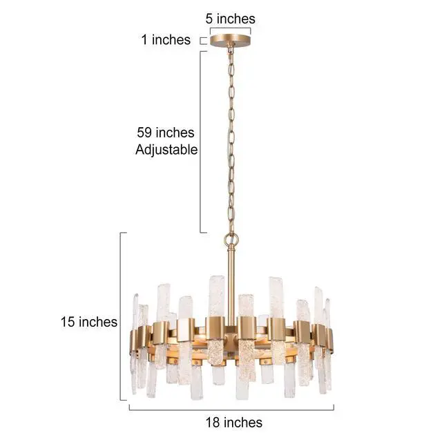 Alt view image 3 of 6 - Gold Chandelier, Modern 6-Light Drum Chandelier Light Fixtures with 22 Luxurious Textured Glass Strips for Dining Room, Kitchen, Foyer, Bedroom and Living Room