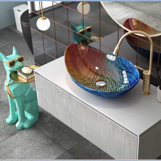 Alt view image 4 of 5 - Tempered Glass Vessel Sink,Multicolor Teardrop-Shaped Bathroom Vanity Wash Sink Above Counter