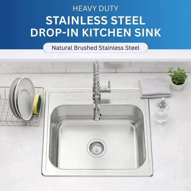 Alt view image 2 of 6 - Zuhnë Fortuna 25 Drop In Utility Laundry Kitchen Sink, Single Bowl 25 x 22 x 8 in, T304 18/10 Stainless Steel, Brushed Finish, 20 Gauge, Single Hole Deck, Sound Dampening Pads, Fast Drain Base