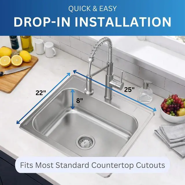 Alt view image 3 of 6 - Zuhnë Fortuna 25 Drop In Utility Laundry Kitchen Sink, Single Bowl 25 x 22 x 8 in, T304 18/10 Stainless Steel, Brushed Finish, 20 Gauge, Single Hole Deck, Sound Dampening Pads, Fast Drain Base
