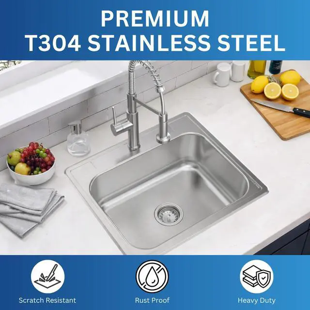 Alt view image 4 of 6 - Zuhnë Fortuna 25 Drop In Utility Laundry Kitchen Sink, Single Bowl 25 x 22 x 8 in, T304 18/10 Stainless Steel, Brushed Finish, 20 Gauge, Single Hole Deck, Sound Dampening Pads, Fast Drain Base