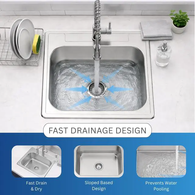 Alt view image 6 of 6 - Zuhnë Fortuna 25 Drop In Utility Laundry Kitchen Sink, Single Bowl 25 x 22 x 8 in, T304 18/10 Stainless Steel, Brushed Finish, 20 Gauge, Single Hole Deck, Sound Dampening Pads, Fast Drain Base