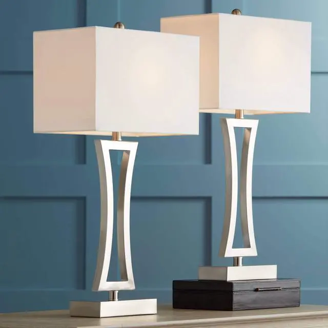 Main image of Roxie Modern 3-Way Table Lamps 31" Tall Set of 2 with Dimmers Brushed Nickel Off White Fabric Rectangular Shade for Bedroom Living Room House Bedside Nightstand Home