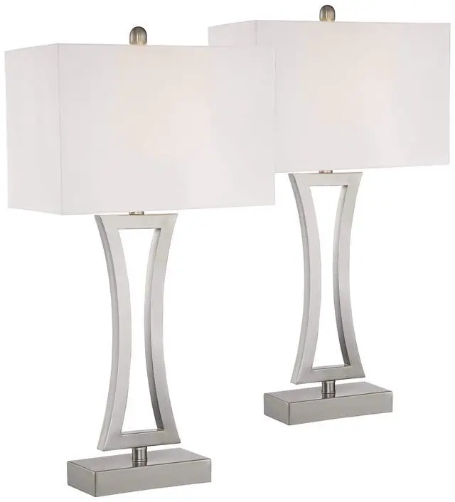 Alt view image 2 of 6 - Roxie Modern 3-Way Table Lamps 31" Tall Set of 2 with Dimmers Brushed Nickel Off White Fabric Rectangular Shade for Bedroom Living Room House Bedside Nightstand Home