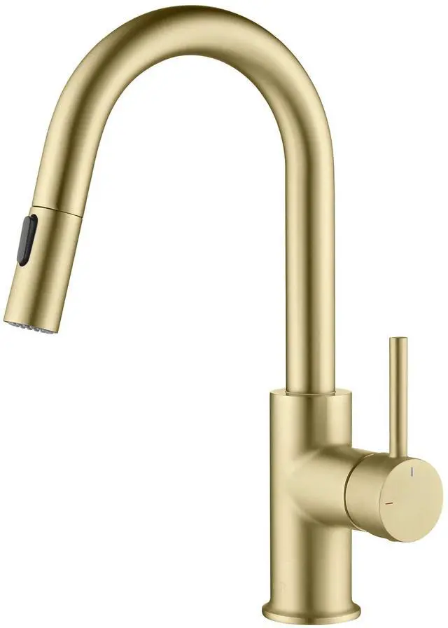 Main image of Pull Down Kitchen Faucet with Single Handle | Solid Brass High Arc Spout | Kitchen Sink Faucet with Pull Down Sprayer | Easy Clean | Brushed Gold Finish, KKF2011