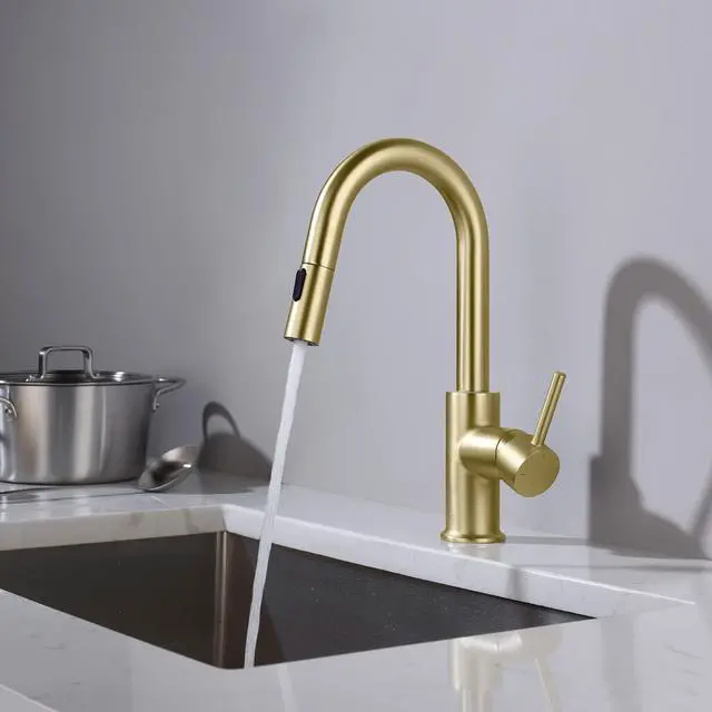 Alt view image 2 of 6 - Pull Down Kitchen Faucet with Single Handle | Solid Brass High Arc Spout | Kitchen Sink Faucet with Pull Down Sprayer | Easy Clean | Brushed Gold Finish, KKF2011