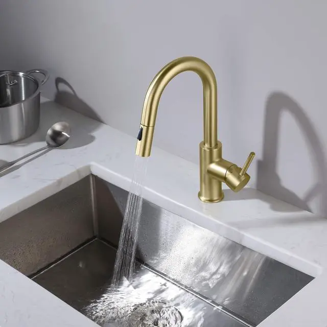 Alt view image 3 of 6 - Pull Down Kitchen Faucet with Single Handle | Solid Brass High Arc Spout | Kitchen Sink Faucet with Pull Down Sprayer | Easy Clean | Brushed Gold Finish, KKF2011