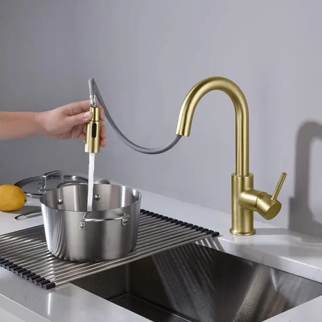 Alt view image 4 of 6 - Pull Down Kitchen Faucet with Single Handle | Solid Brass High Arc Spout | Kitchen Sink Faucet with Pull Down Sprayer | Easy Clean | Brushed Gold Finish, KKF2011