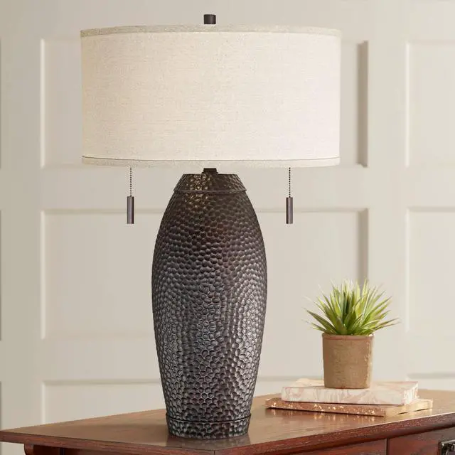 Alt view image 2 of 6 - Noah Rustic Farmhouse Industrial Vintage Table Lamp with Dimmer and USB Charging Port 31" Tall Bronze Oatmeal Drum Shade for Living Room Bedroom House Bedside Nightstand Home