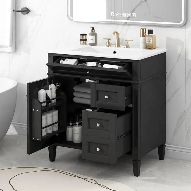 Main image of Modern 30" Bathroom Vanity with Sink, Bathroom Storage Cabinet with 2 Drawers, 1 Tip-Out Drawer and 1 Door, Freestanding Bathroom Vanities, Soft Closing, Solid Wood Frame