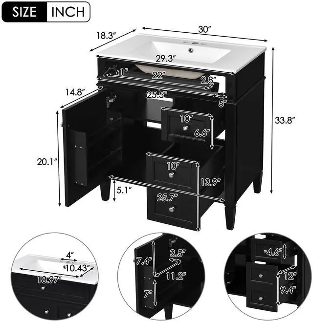 Alt view image 2 of 6 - Modern 30" Bathroom Vanity with Sink, Bathroom Storage Cabinet with 2 Drawers, 1 Tip-Out Drawer and 1 Door, Freestanding Bathroom Vanities, Soft Closing, Solid Wood Frame