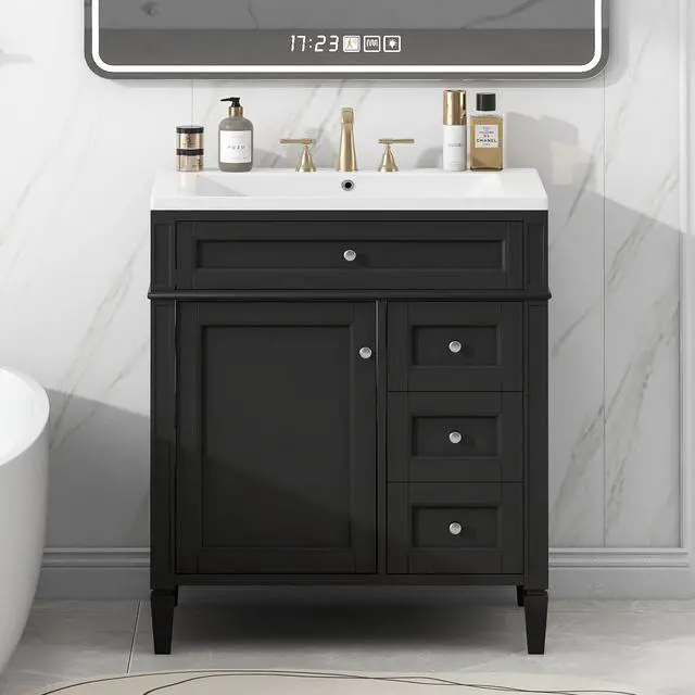 Alt view image 3 of 6 - Modern 30" Bathroom Vanity with Sink, Bathroom Storage Cabinet with 2 Drawers, 1 Tip-Out Drawer and 1 Door, Freestanding Bathroom Vanities, Soft Closing, Solid Wood Frame