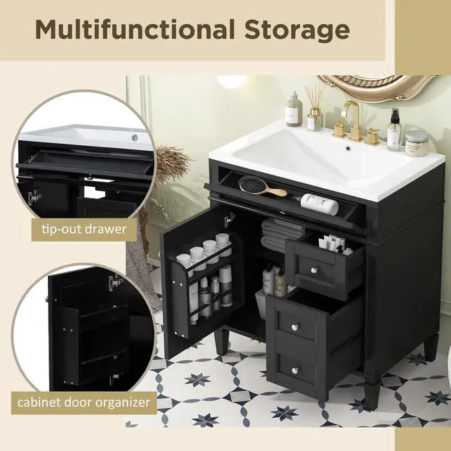 Alt view image 4 of 6 - Modern 30" Bathroom Vanity with Sink, Bathroom Storage Cabinet with 2 Drawers, 1 Tip-Out Drawer and 1 Door, Freestanding Bathroom Vanities, Soft Closing, Solid Wood Frame