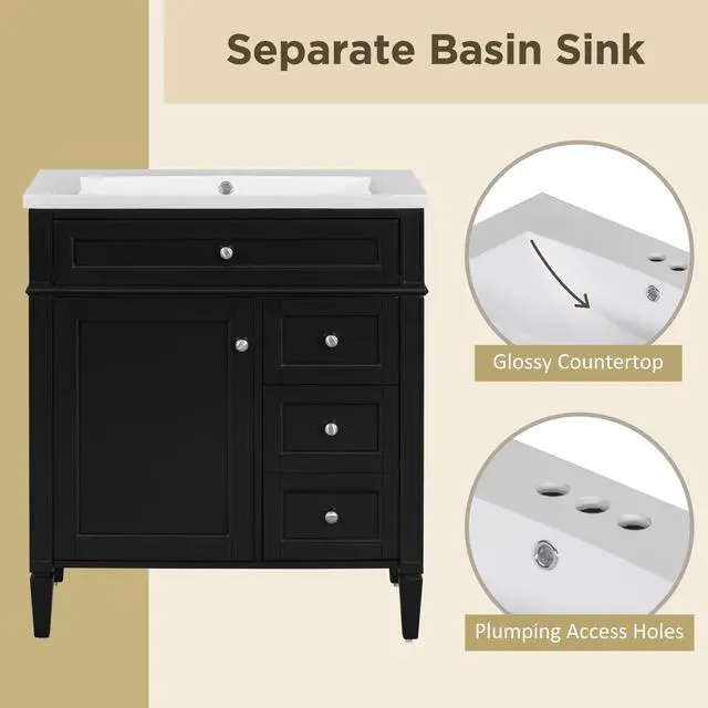 Alt view image 5 of 6 - Modern 30" Bathroom Vanity with Sink, Bathroom Storage Cabinet with 2 Drawers, 1 Tip-Out Drawer and 1 Door, Freestanding Bathroom Vanities, Soft Closing, Solid Wood Frame