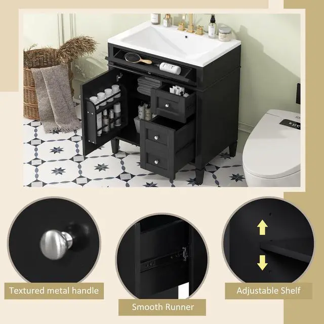 Alt view image 6 of 6 - Modern 30" Bathroom Vanity with Sink, Bathroom Storage Cabinet with 2 Drawers, 1 Tip-Out Drawer and 1 Door, Freestanding Bathroom Vanities, Soft Closing, Solid Wood Frame