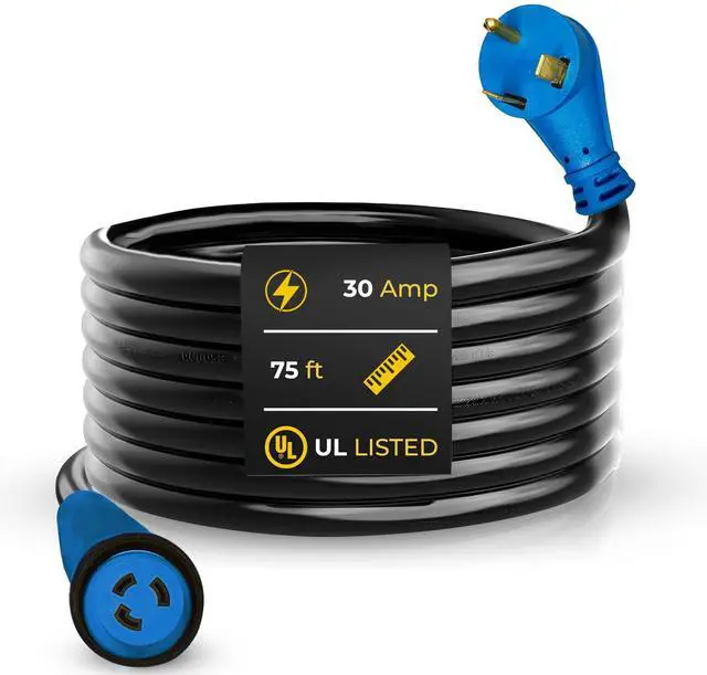 Main image of 30 Amp RV Extension Cord 75ft Heavy Duty TT-30 Cable for Camper RV Electrical Hookup. This RV Power Cord 30 amp Includes Stow 3C Cable, and UL Listed US Company