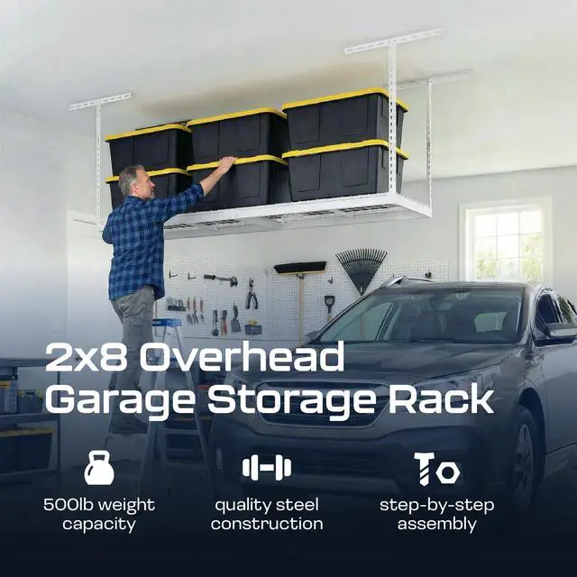 Alt view image 2 of 6 - MonsterRax Overhead Garage Storage Rack 2x8, Ceiling Mounted Shelving, Adjustable Hanging Organizer, Heavy Duty Steel, 400 Pound Capacity, Color: White, Adjusts 12-21" from Ceiling