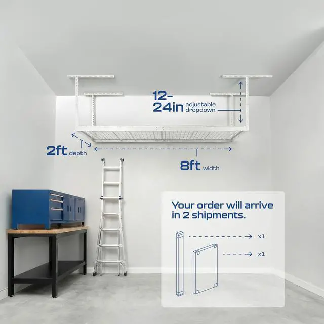 Alt view image 3 of 6 - MonsterRax Overhead Garage Storage Rack 2x8, Ceiling Mounted Shelving, Adjustable Hanging Organizer, Heavy Duty Steel, 400 Pound Capacity, Color: White, Adjusts 12-21" from Ceiling