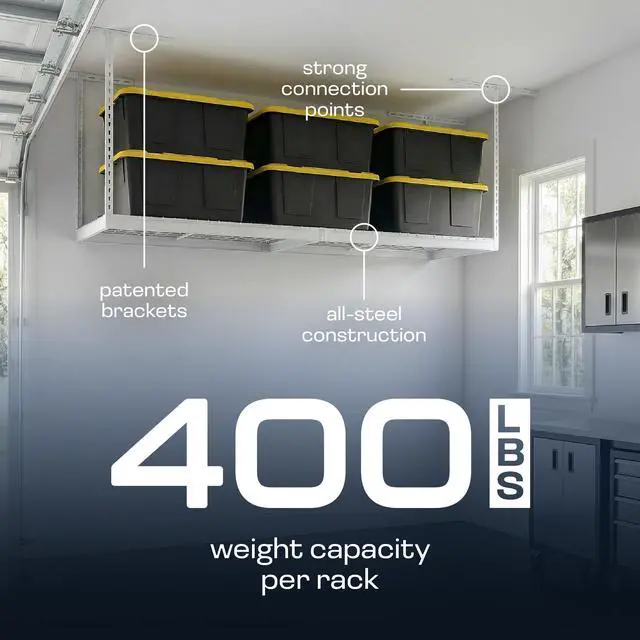 Alt view image 4 of 6 - MonsterRax Overhead Garage Storage Rack 2x8, Ceiling Mounted Shelving, Adjustable Hanging Organizer, Heavy Duty Steel, 350 Pound Capacity, Color: White, Adjusts 24-48" from Ceiling