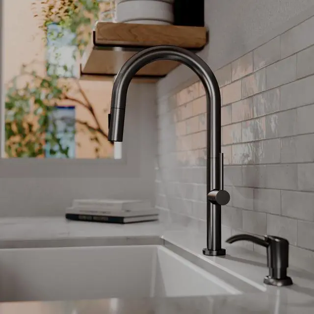 Alt view image 2 of 6 - Brynford Single-Handle Pull-Down Kitchen Faucet 2-Function Spray Head, High-Arc Spout, Modern 25mm Thin Profile, Spot-Free Finish, 26½ Braided Retractable Hose (Spot Free Gunmetal Grey)