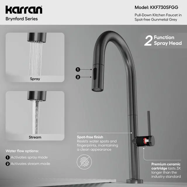 Alt view image 3 of 6 - Brynford Single-Handle Pull-Down Kitchen Faucet 2-Function Spray Head, High-Arc Spout, Modern 25mm Thin Profile, Spot-Free Finish, 26½ Braided Retractable Hose (Spot Free Gunmetal Grey)