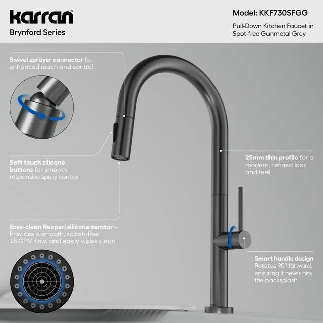 Alt view image 5 of 6 - Brynford Single-Handle Pull-Down Kitchen Faucet 2-Function Spray Head, High-Arc Spout, Modern 25mm Thin Profile, Spot-Free Finish, 26½ Braided Retractable Hose (Spot Free Gunmetal Grey)
