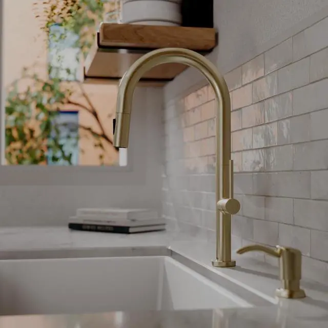 Alt view image 2 of 6 - Brynford Single-Handle Pull-Down Kitchen Faucet 2-Function Spray Head, High-Arc Spout, Modern 25mm Thin Profile, Spot-Free Finish, 26½ Braided Retractable Hose (Spot Free Champagne Bronze)