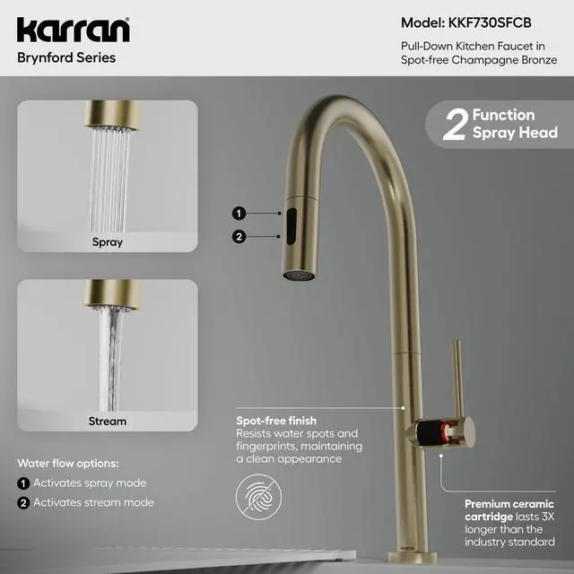 Alt view image 3 of 6 - Brynford Single-Handle Pull-Down Kitchen Faucet 2-Function Spray Head, High-Arc Spout, Modern 25mm Thin Profile, Spot-Free Finish, 26½ Braided Retractable Hose (Spot Free Champagne Bronze)