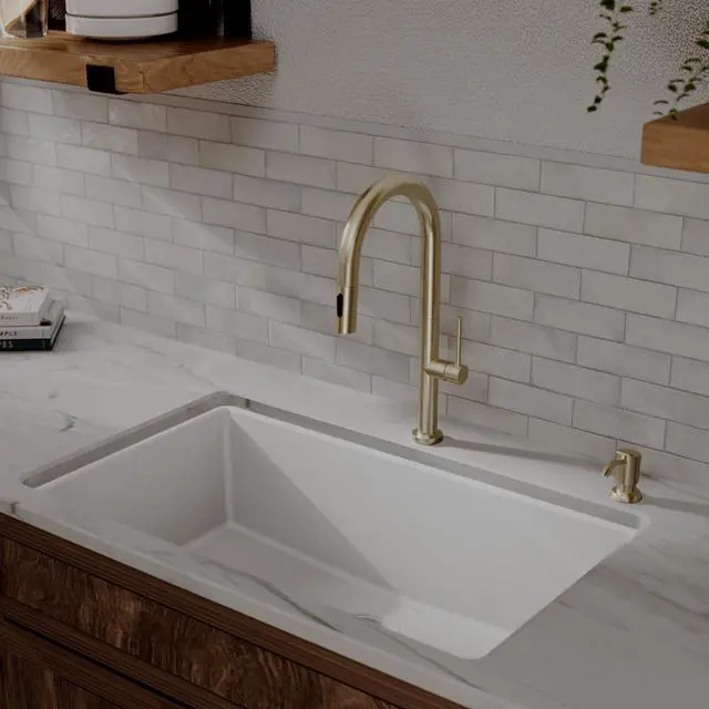 Alt view image 4 of 6 - Brynford Single-Handle Pull-Down Kitchen Faucet 2-Function Spray Head, High-Arc Spout, Modern 25mm Thin Profile, Spot-Free Finish, 26½ Braided Retractable Hose (Spot Free Champagne Bronze)