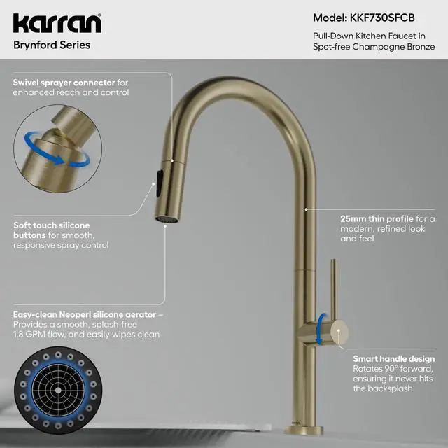 Alt view image 5 of 6 - Brynford Single-Handle Pull-Down Kitchen Faucet 2-Function Spray Head, High-Arc Spout, Modern 25mm Thin Profile, Spot-Free Finish, 26½ Braided Retractable Hose (Spot Free Champagne Bronze)