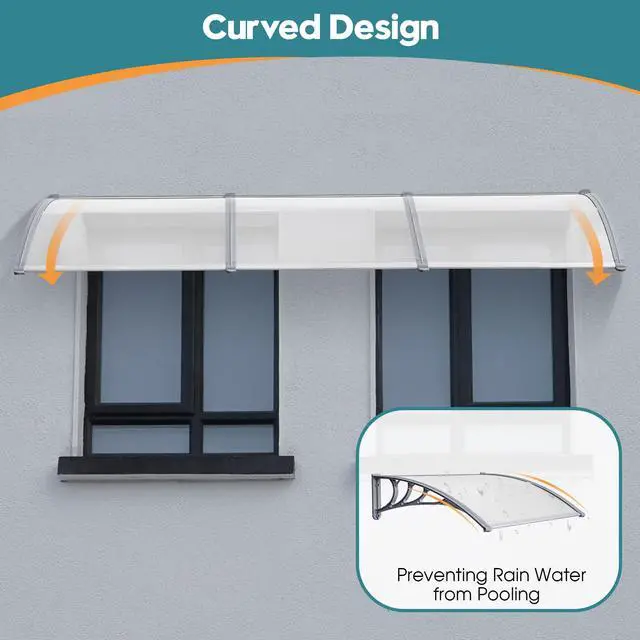 Alt view image 4 of 6 - 116" x 38.6" Window Awning Outdoor Polycarbonate Door Shade Patio Cover Canopy, 6055-4012(Clear Board with Gray Bracket)