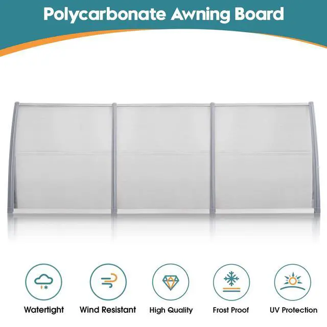 Alt view image 5 of 6 - 116" x 38.6" Window Awning Outdoor Polycarbonate Door Shade Patio Cover Canopy, 6055-4012(Clear Board with Gray Bracket)