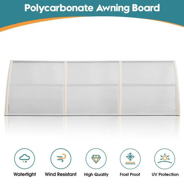 Alt view image 4 of 6 - 115.9" x 37.8" Window Awning Outdoor Polycarbonate Door Shade Patio Cover Canopy, 6055-4012 (Clear Board with White Bracket)