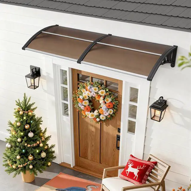 Alt view image 2 of 6 - 115.9" x 37.8" Window Awning Outdoor Polycarbonate Door Shade Patio Cover Canopy, 6055-4012 (Brown Board with Black Bracket)