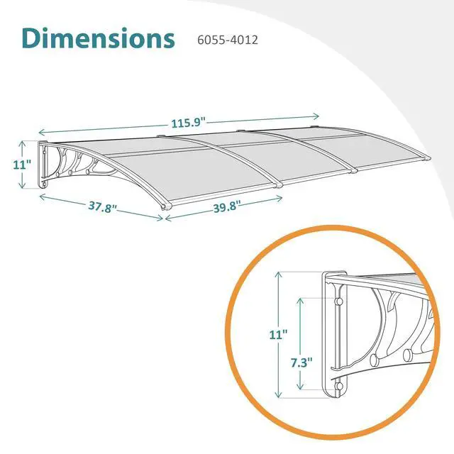 Alt view image 3 of 6 - 115.9" x 37.8" Window Awning Outdoor Polycarbonate Door Shade Patio Cover Canopy, 6055-4012 (Brown Board with Black Bracket)