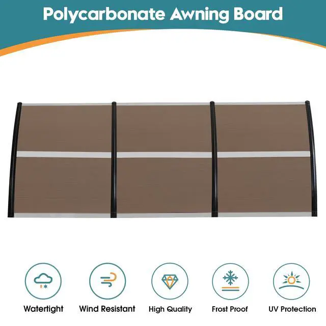 Alt view image 5 of 6 - 115.9" x 37.8" Window Awning Outdoor Polycarbonate Door Shade Patio Cover Canopy, 6055-4012 (Brown Board with Black Bracket)