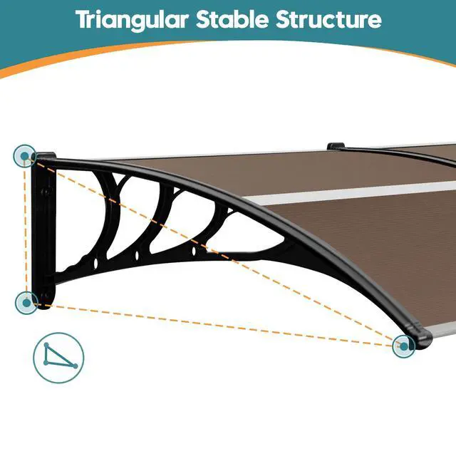 Alt view image 6 of 6 - 115.9" x 37.8" Window Awning Outdoor Polycarbonate Door Shade Patio Cover Canopy, 6055-4012 (Brown Board with Black Bracket)