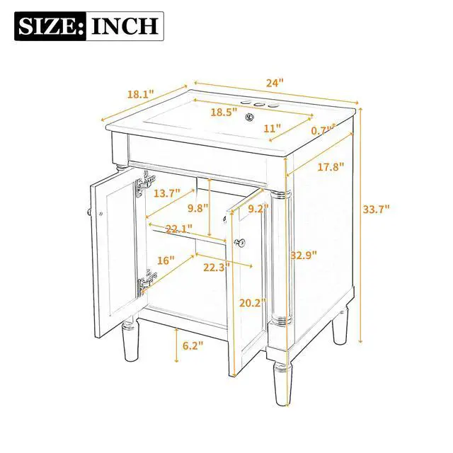 Alt view image 2 of 6 - 24 Inch Bathroom Vanity with Single Sink Combo Set, Modern Bathroom Storage Cabinet with Double Soft Closing Doors, Solid Wood Frame Bathroom Vanities