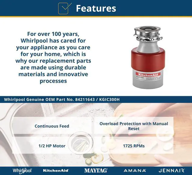 Alt view image 4 of 5 - ® 84211643 1/2-Horsepower Continuous Feed Food Waste Disposer Replaces KGIC300H