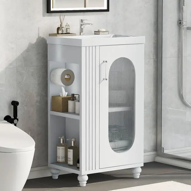 Main image of 20" Small Bathroom Vanity with Sink, Small Bathroom Cabinet with Toilet Paper Holder & Open Shelf, Solid Wood Bathroom Vanity with Glass Door, Undermount Ceramic Sink, White