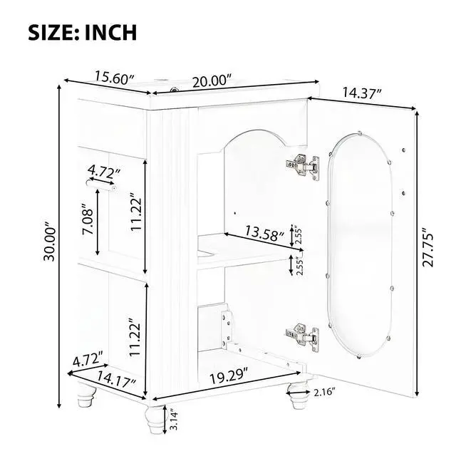 Alt view image 2 of 6 - 20" Small Bathroom Vanity with Sink, Small Bathroom Cabinet with Toilet Paper Holder & Open Shelf, Solid Wood Bathroom Vanity with Glass Door, Undermount Ceramic Sink, White