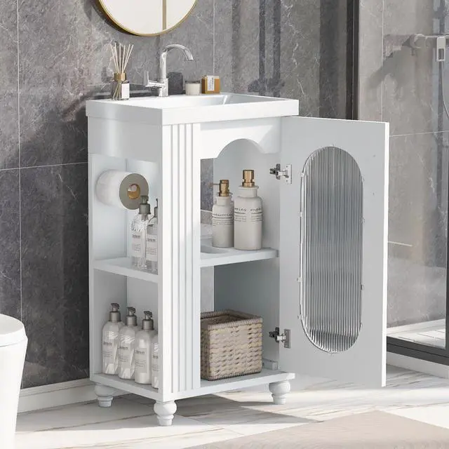 Alt view image 3 of 6 - 20" Small Bathroom Vanity with Sink, Small Bathroom Cabinet with Toilet Paper Holder & Open Shelf, Solid Wood Bathroom Vanity with Glass Door, Undermount Ceramic Sink, White
