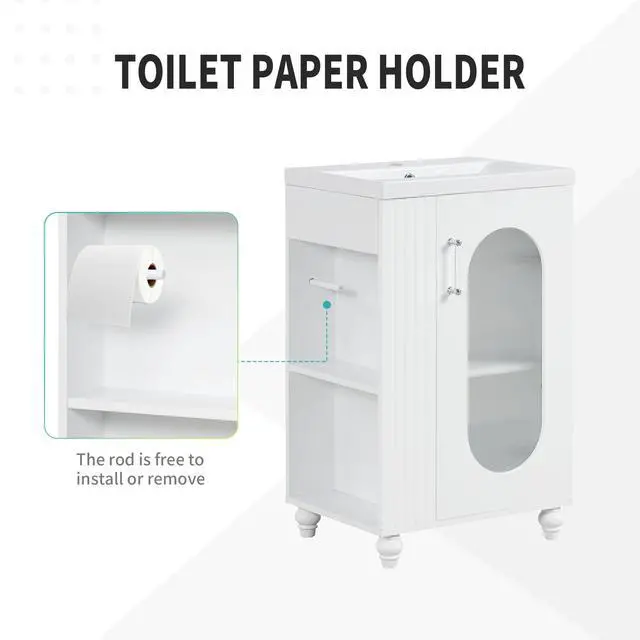 Alt view image 4 of 6 - 20" Small Bathroom Vanity with Sink, Small Bathroom Cabinet with Toilet Paper Holder & Open Shelf, Solid Wood Bathroom Vanity with Glass Door, Undermount Ceramic Sink, White