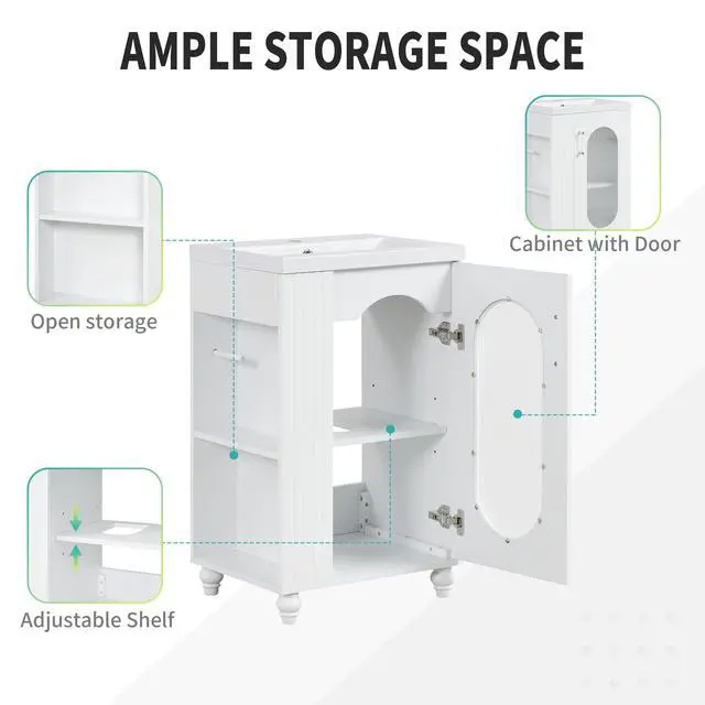 Alt view image 6 of 6 - 20" Small Bathroom Vanity with Sink, Small Bathroom Cabinet with Toilet Paper Holder & Open Shelf, Solid Wood Bathroom Vanity with Glass Door, Undermount Ceramic Sink, White