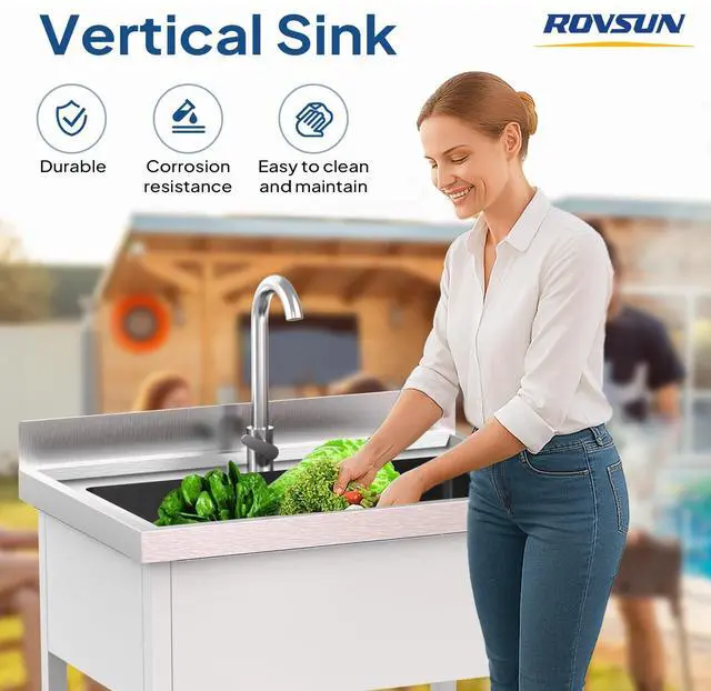 Alt view image 2 of 6 - White Stainless Steel Utility Sink, 26.5"D x 17.3"W x 39"H, Freestanding Single Bowl Wash Basin with Storage Shelf, Heavy-Duty Prep & Cleaning Sink for Restaurant, Kitchen, Laundry & Garage Use