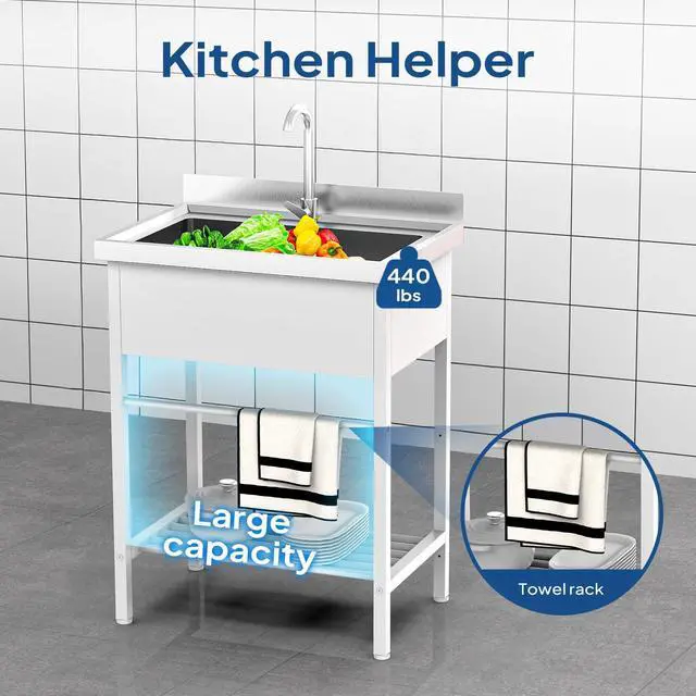Alt view image 3 of 6 - White Stainless Steel Utility Sink, 26.5"D x 17.3"W x 39"H, Freestanding Single Bowl Wash Basin with Storage Shelf, Heavy-Duty Prep & Cleaning Sink for Restaurant, Kitchen, Laundry & Garage Use