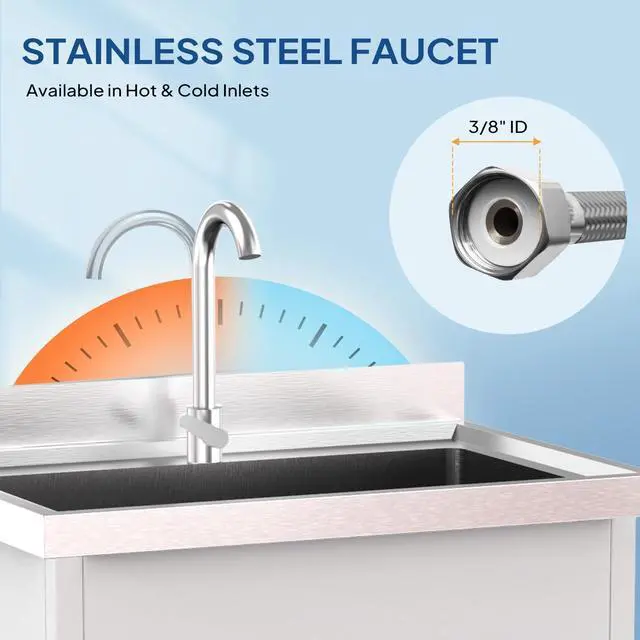 Alt view image 4 of 6 - White Stainless Steel Utility Sink, 26.5"D x 17.3"W x 39"H, Freestanding Single Bowl Wash Basin with Storage Shelf, Heavy-Duty Prep & Cleaning Sink for Restaurant, Kitchen, Laundry & Garage Use