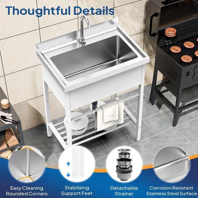 Alt view image 6 of 6 - White Stainless Steel Utility Sink, 26.5"D x 17.3"W x 39"H, Freestanding Single Bowl Wash Basin with Storage Shelf, Heavy-Duty Prep & Cleaning Sink for Restaurant, Kitchen, Laundry & Garage Use
