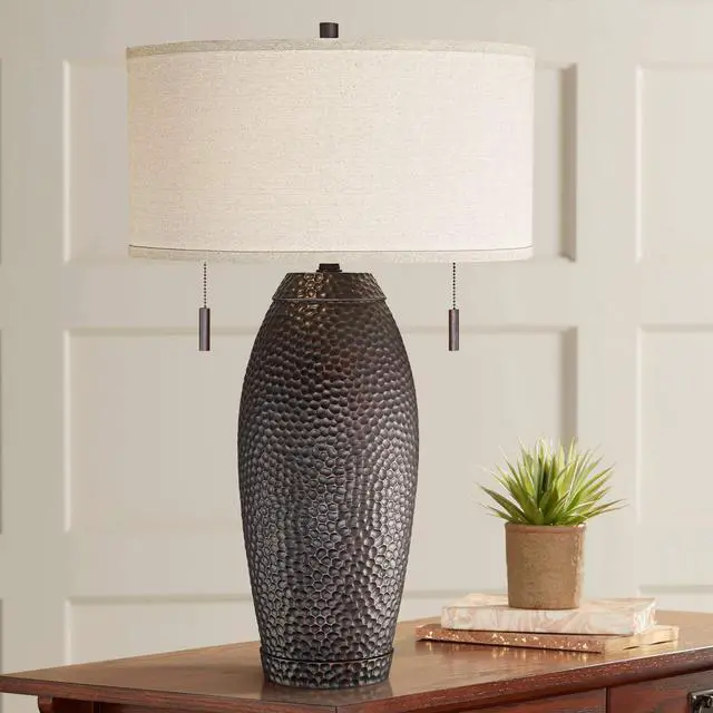 Main image of Noah Rustic Farmhouse Table Lamp 31" Tall Bronze Brown Hammered Textured Oatmeal Fabric Drum Shade for Bedroom Living Room House Bedside Nightstand Home Office Entryway Family